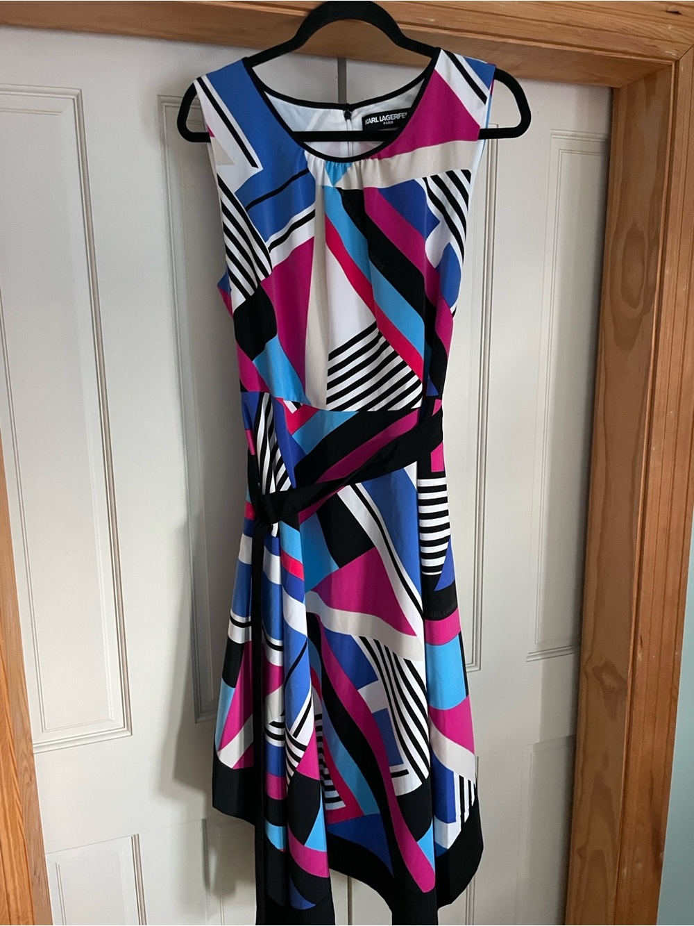 Karl Lagerfeld Sleeveless Geometric Print Dress in Blue & Pink